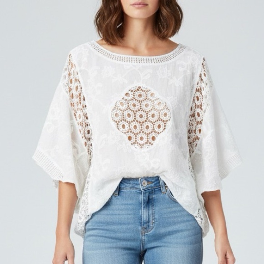 Cellabie Ivory White Cotton Embroidered Dolman Sleeve Prairie Boho Blouse OS